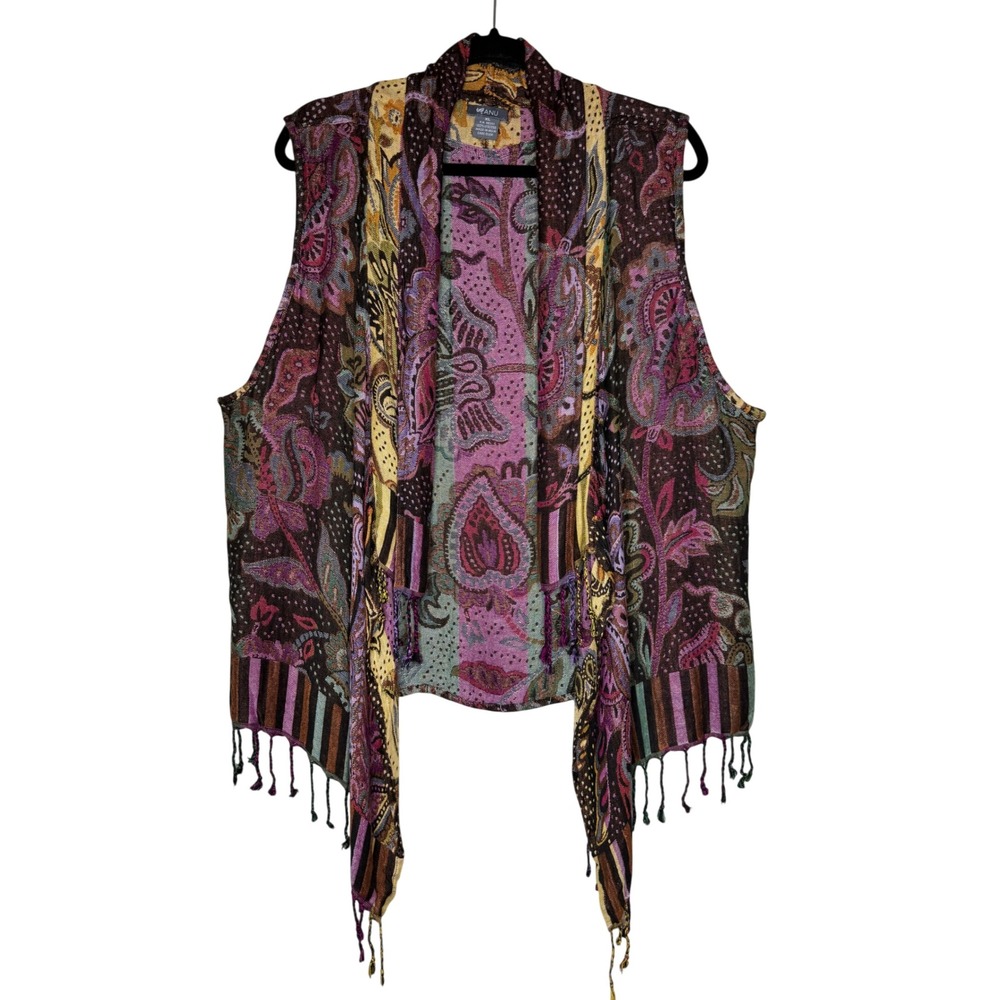 Anu Vest Abstract Floral Fringed Open Handkerchief Hem Sz XL Boho Chic Artsy